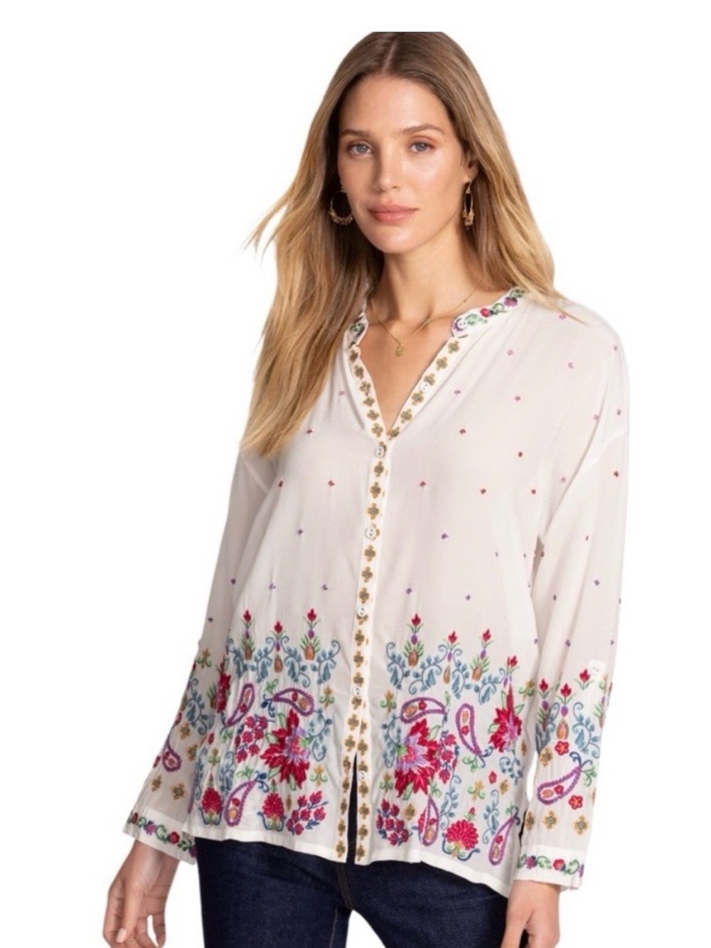 NWT Johnny Was White Teresa Audrey Embroidered Button Front Women's Sz Medium